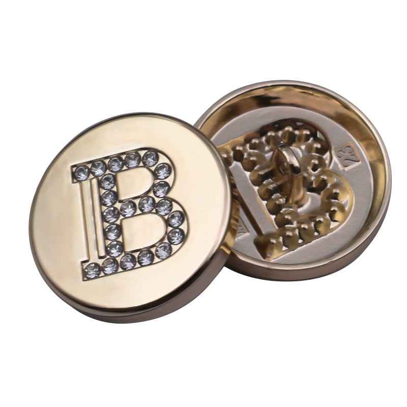 Gold letter B shank button with rhinestone B design, round metal back