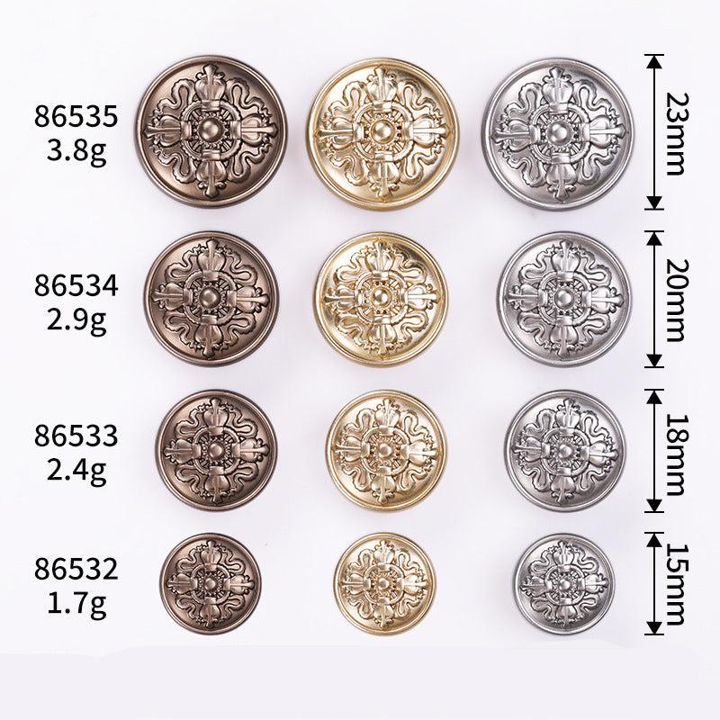 Crown emblem round metal shank buttons set: gold, silver, and tea-tone finishes