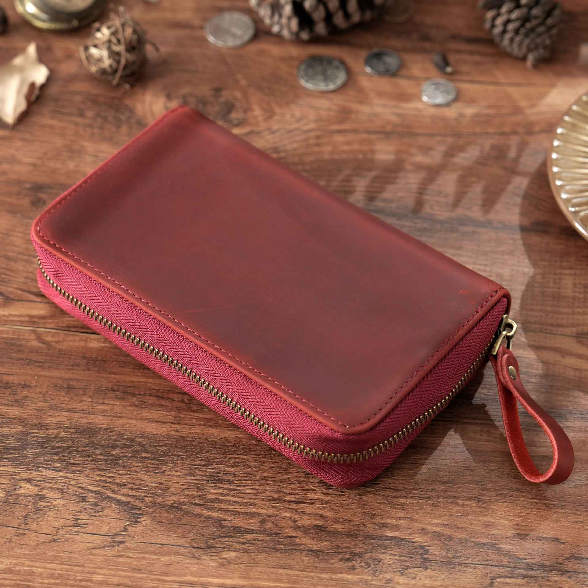 Leather Pen Case with 10 Slots – Full-Zip Fountain Pen Storage Pouch Red