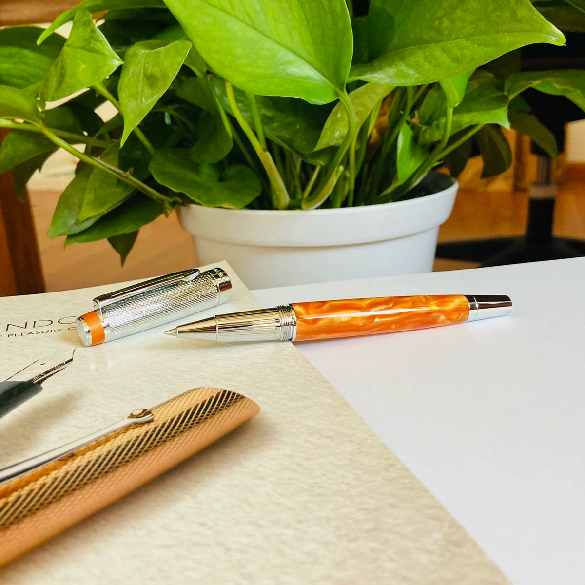 Vintage-Style Rollerball Pen, 0.6mm, Schmidt 888 F Black Ink Orange