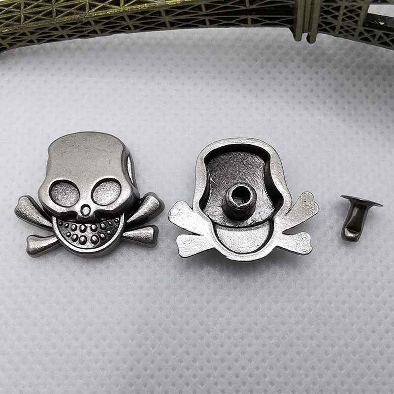 Skull rivets in vintage silver tone, multiple gothic designs with rivet bases shown
