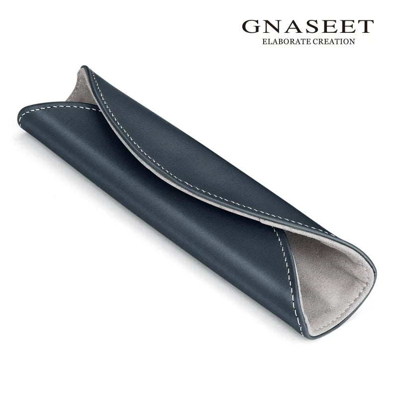 GNASEET Genuine Leather Pen Case – Japanese Minimalist Fountain Pen Pouch | 164x40x28mm | Blue / Black / Orange Dark Blue