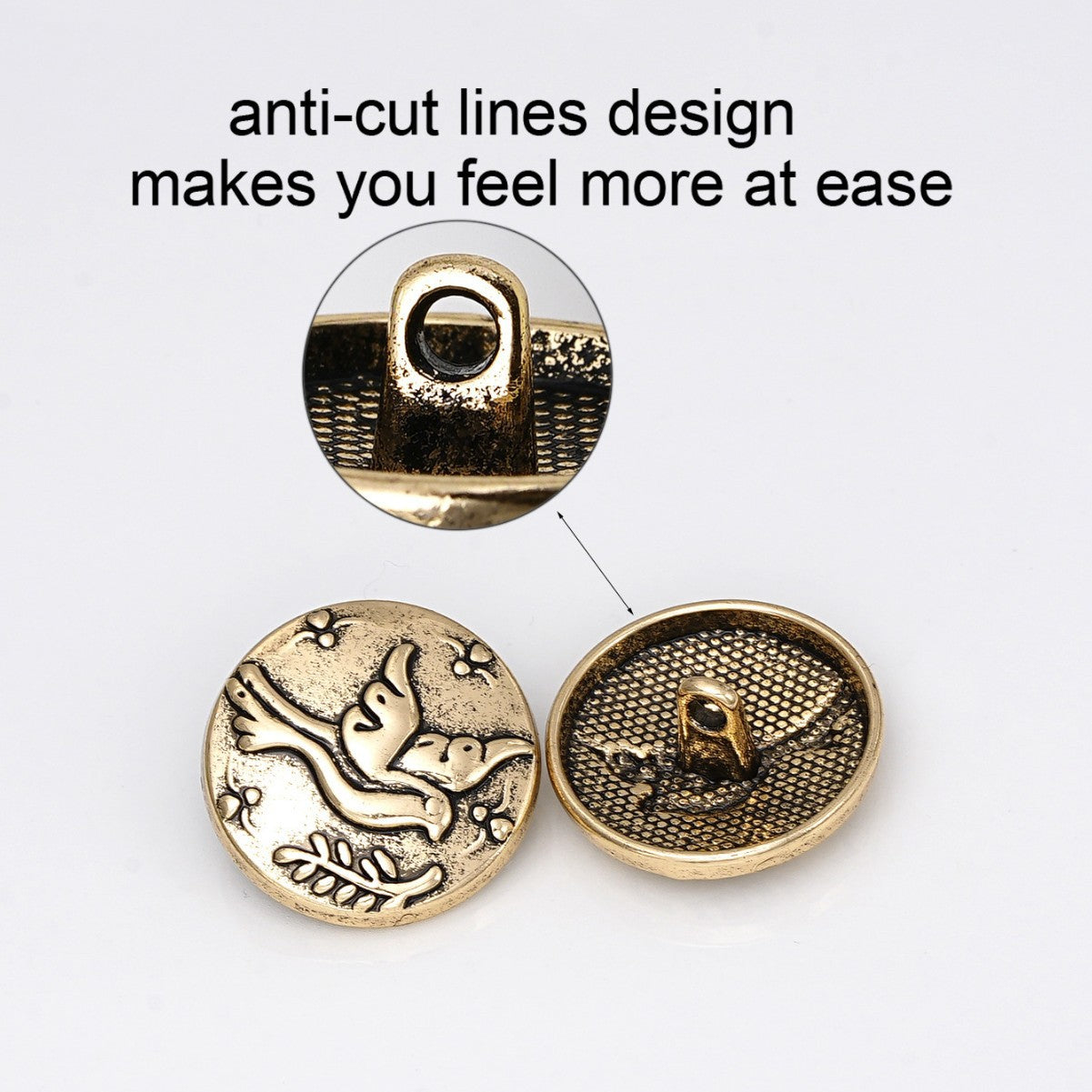 Gold metal shank button front and back, embossed flying bird, textured mesh underside