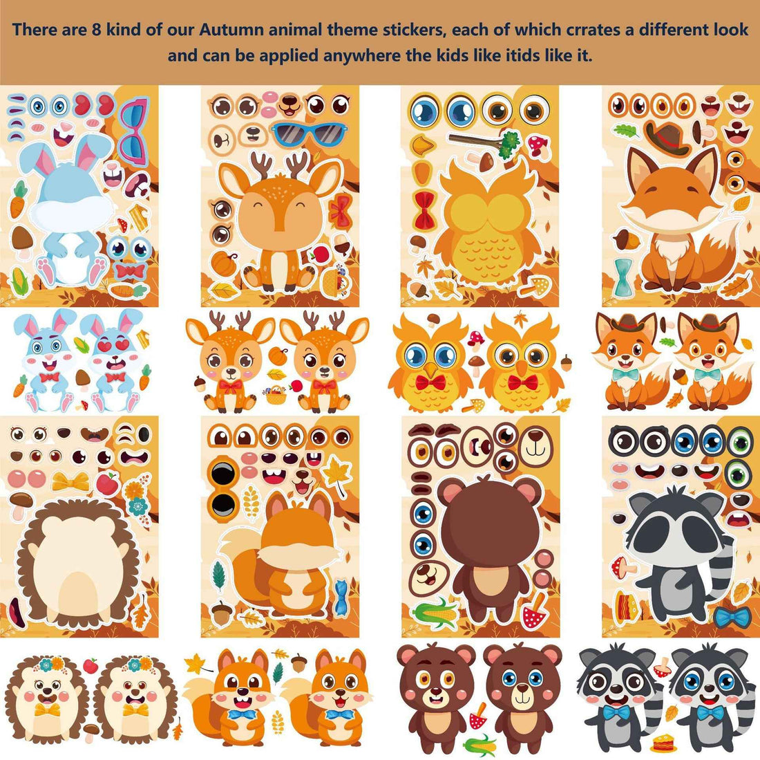 Make a Face Cartoon Autumn Animals Stickers for Kids 24 Sheets