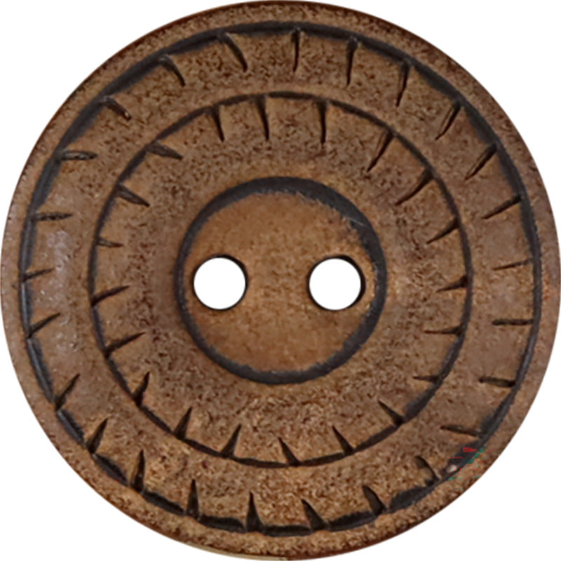 Round 2-hole natural horn button, close-up of carved rim details