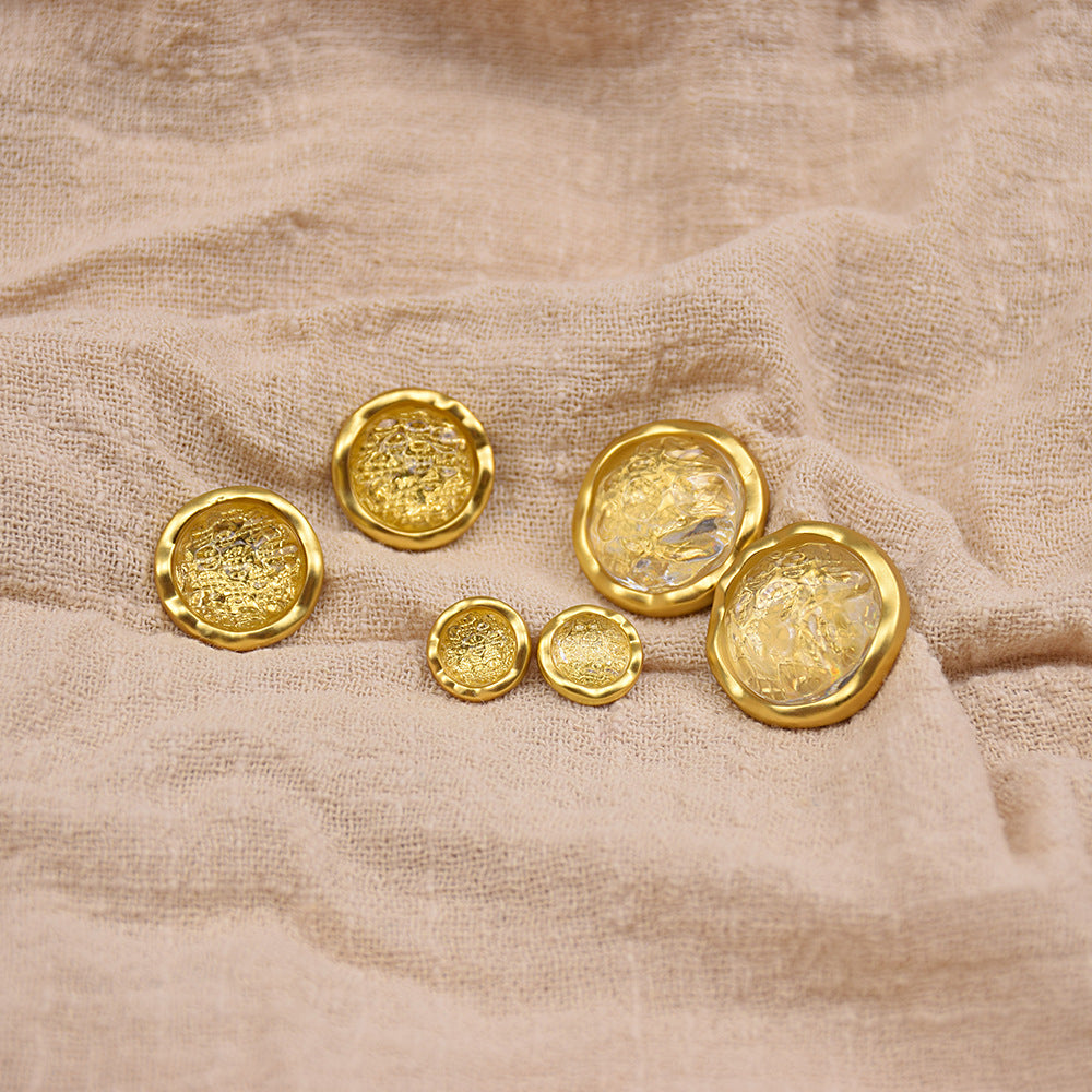Beige resin gemstone buttons, gold rim, round assorted sizes (set of 12)