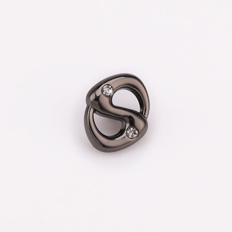 Gunmetal pig-nose rhinestone shank button, glossy metal with two clear crystal stones