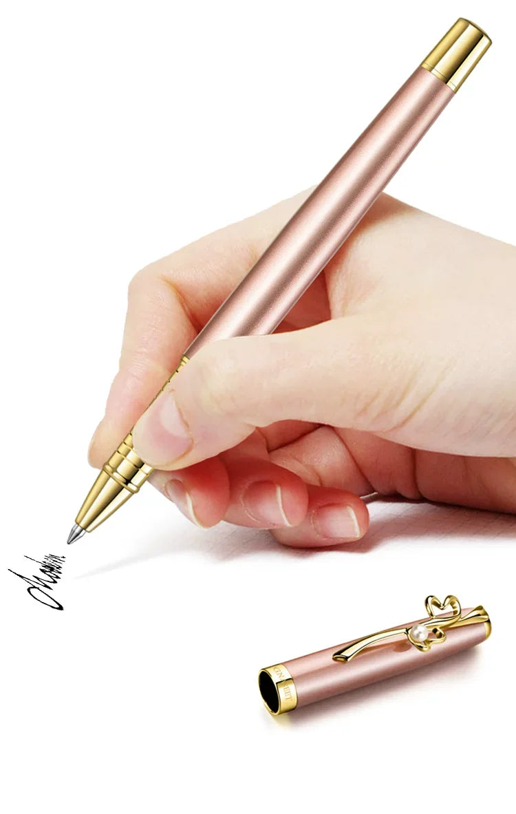 GNASEET Metal Rollerball Pen Gift Set for Women – Gold & White Barrel | Heart / Clover / Butterfly / Rose Clip