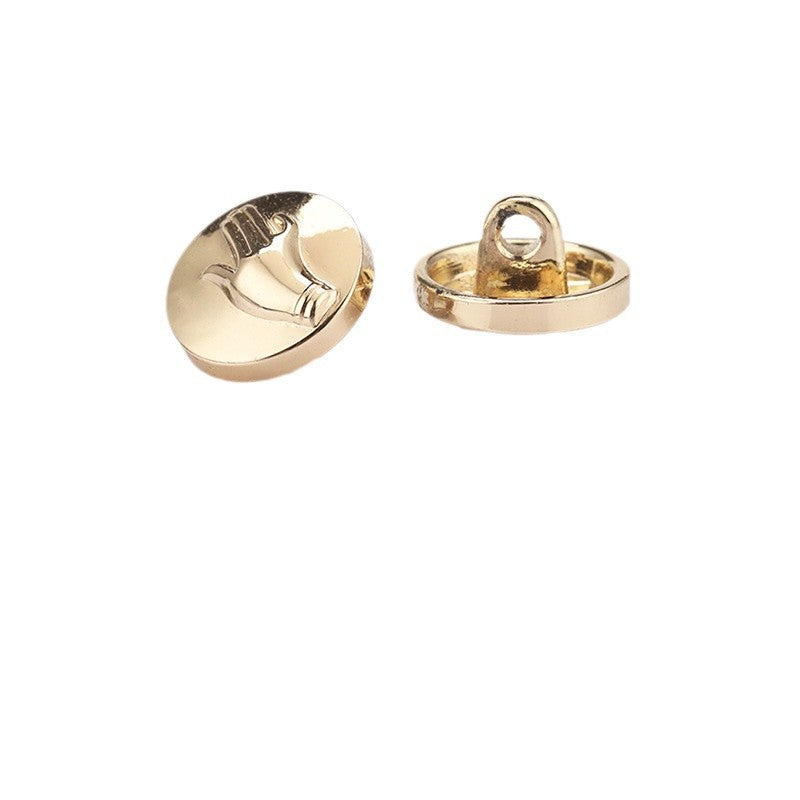 Light gold metal shank button, round front with engraved hand, 12mm