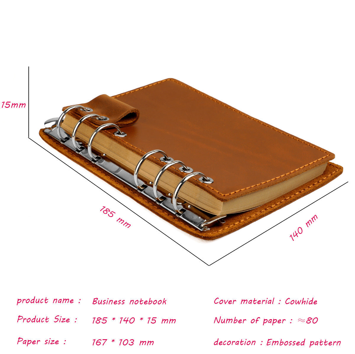 A6 Vintage Genuine Leather 6-Ring Binder Notebook with Pen Loop