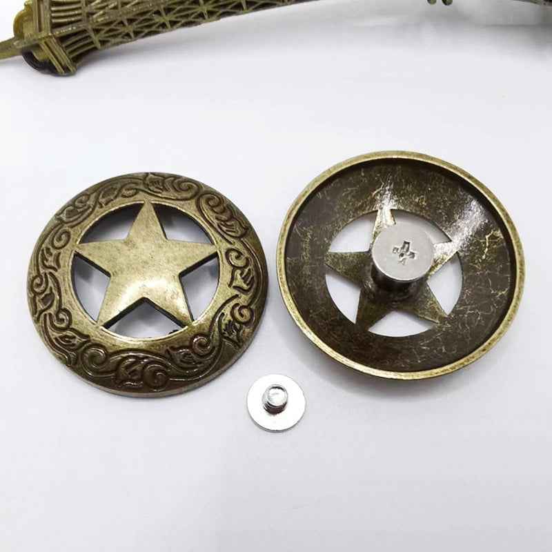 Silver-tone star screw stud rivets with ornate round border, 20-pack