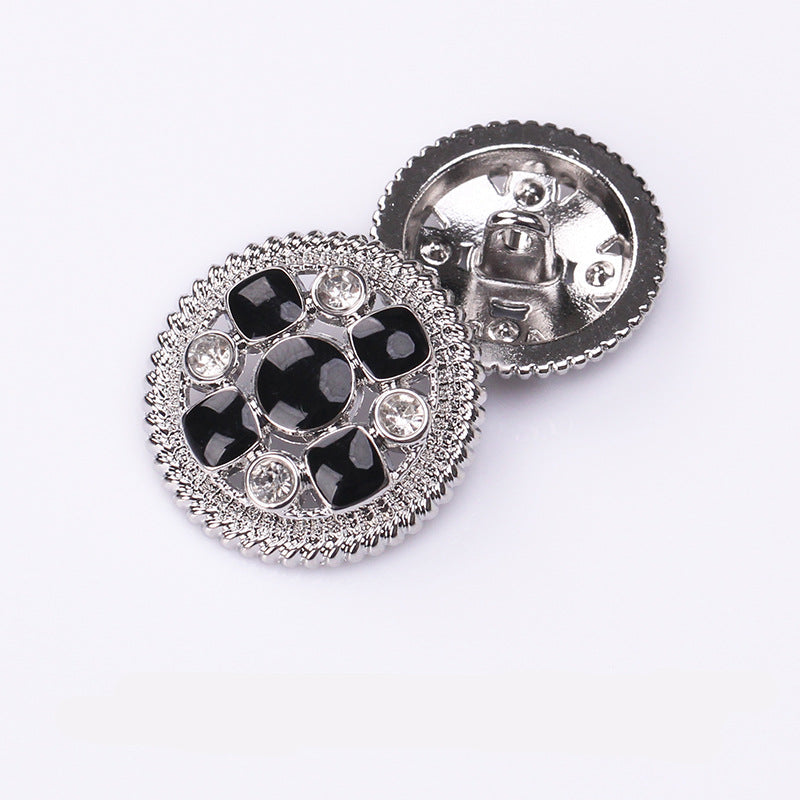 Round crystal shank button front: black enamel stones with nickel-silver frame