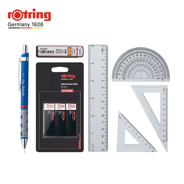 rOtring Tikky Mechanical Pencil Complete Set – 0.5mm Pencil + B20 Erasers + 0.5mm Lead Refills + 4-Piece Ruler Set Blue