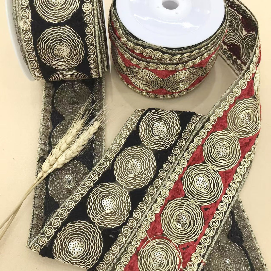 Black lace trim with circular Miao embroidery and spiral edge, 6.5 cm wide