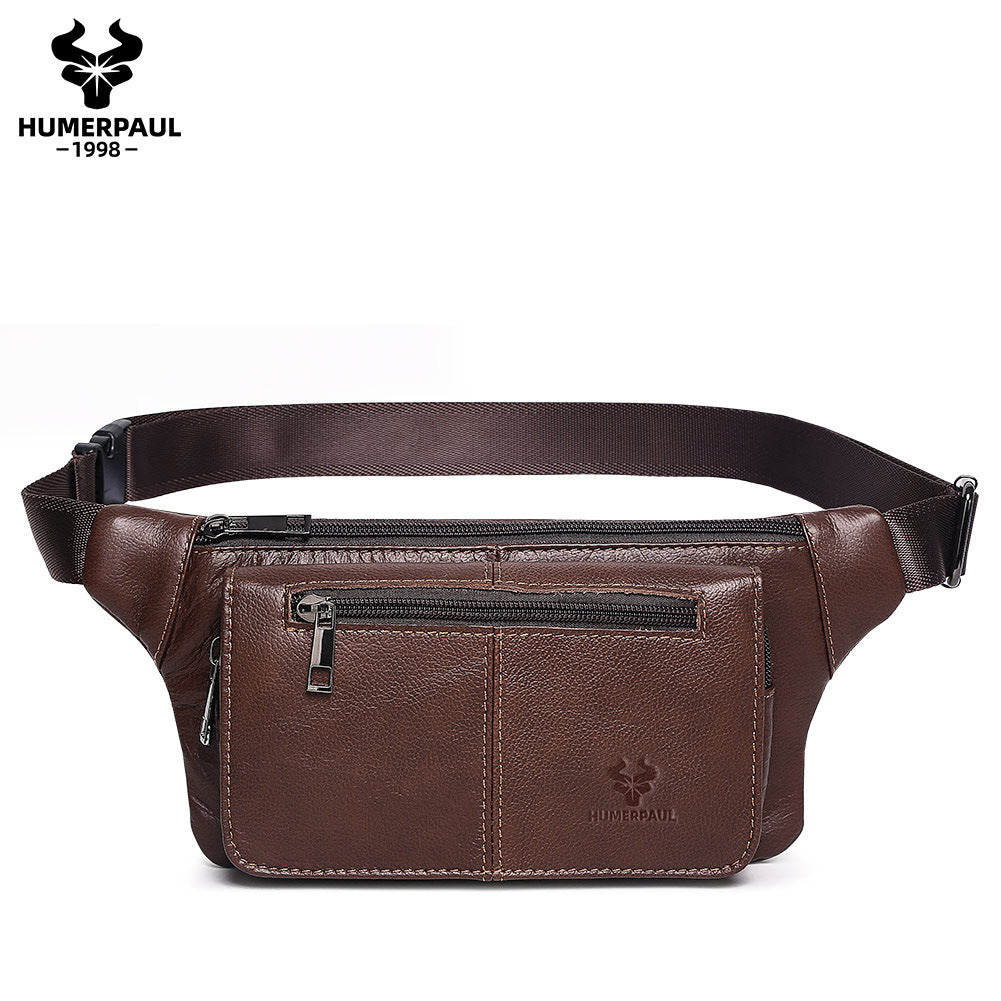 Genuine Leather Waist Crossbody Bag,Outdoor Sports Chest Pack Black