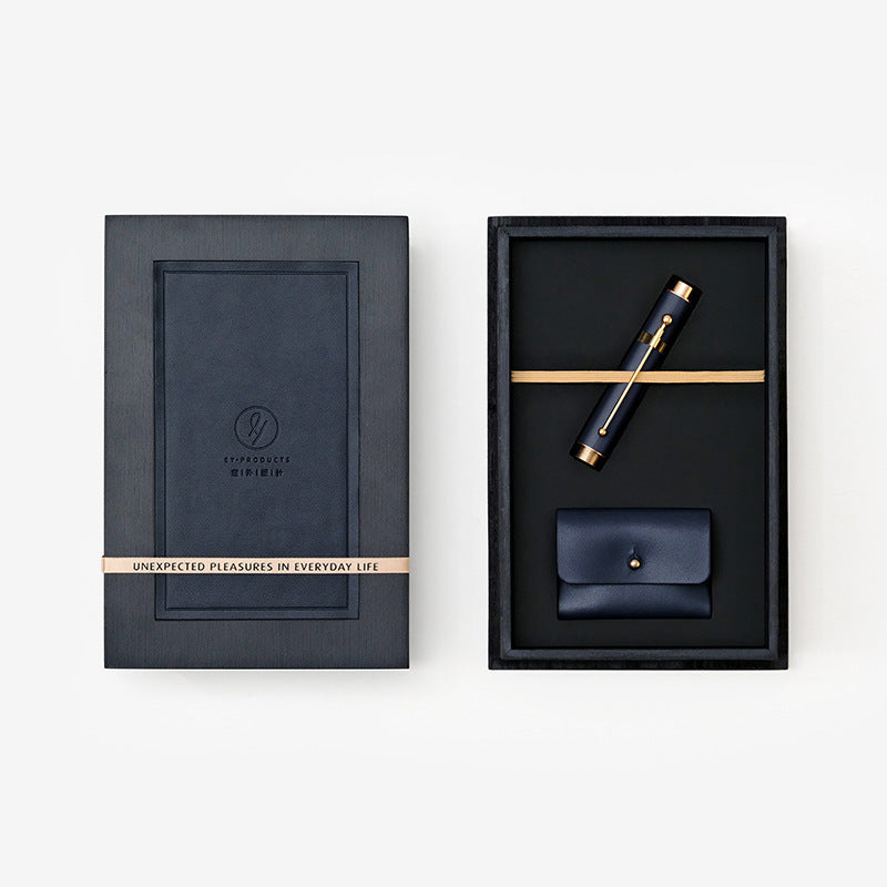 Foldable Handmade Leather Ink Fountain Pen Dark Blue