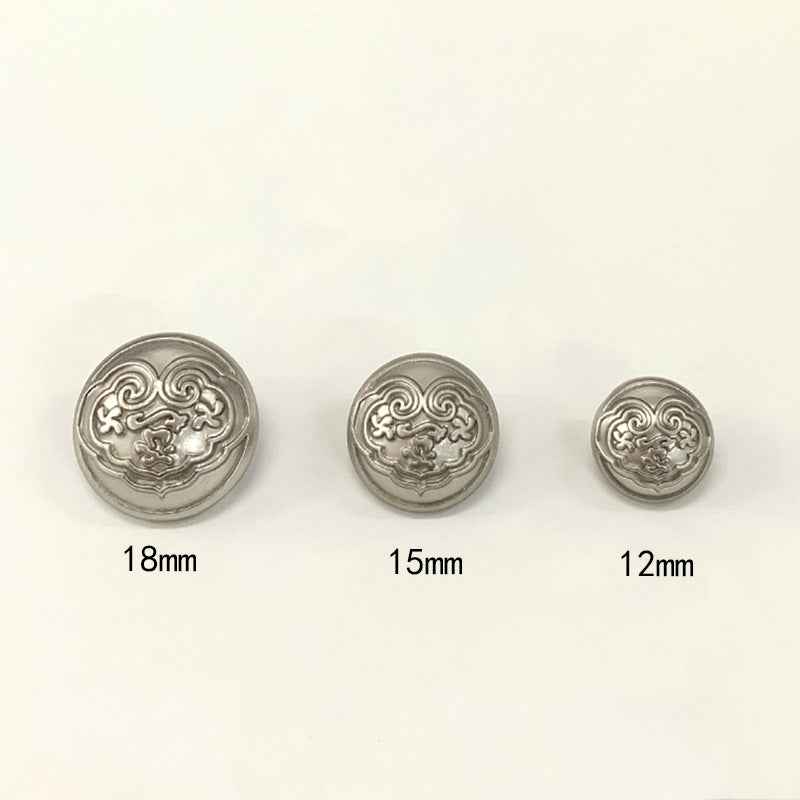 Silver mushroom-design buttons with cloud symbols, 18mm, 15mm, and 12mm sizes
