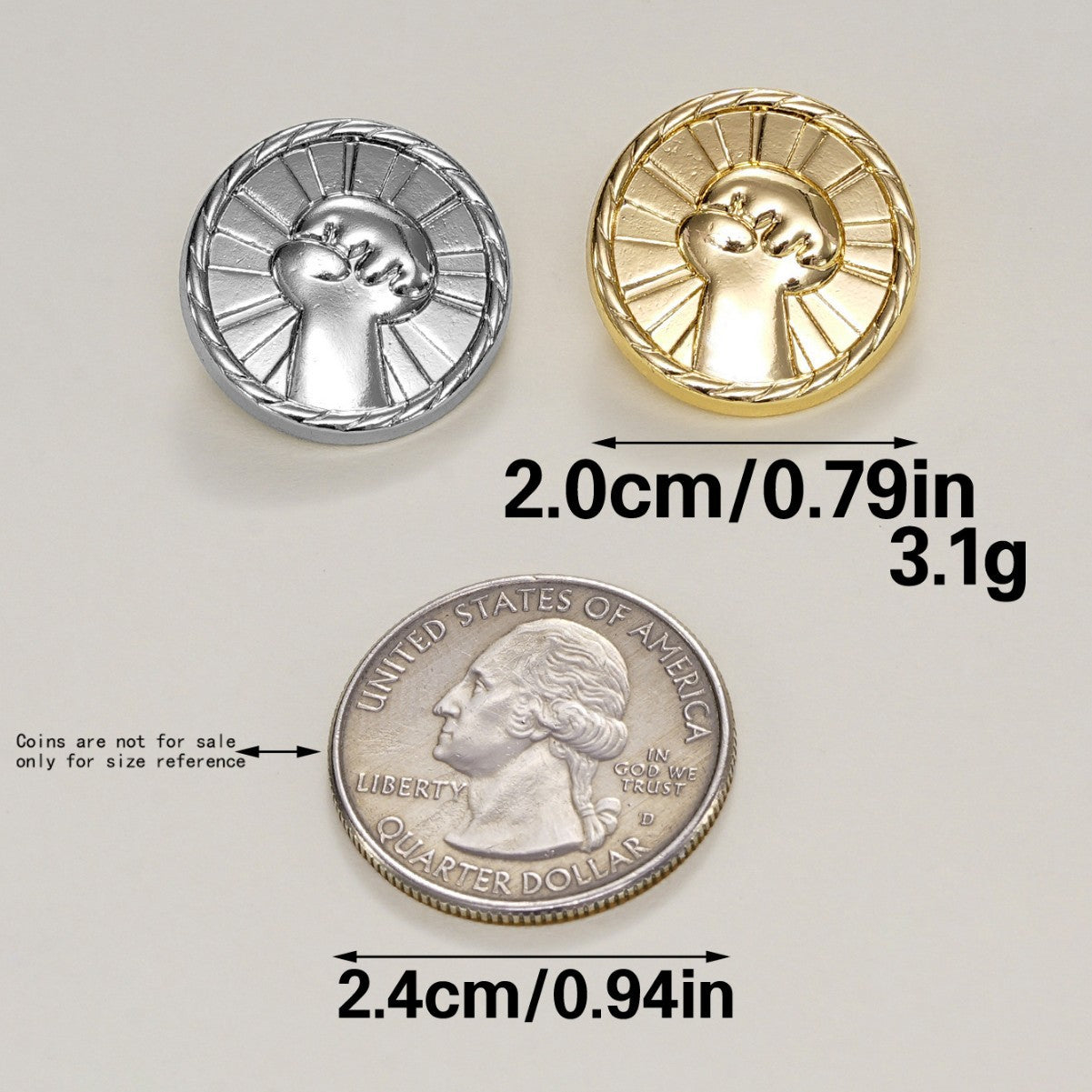 Silver and gold round fist buttons, zinc alloy metal shank, raised center detail