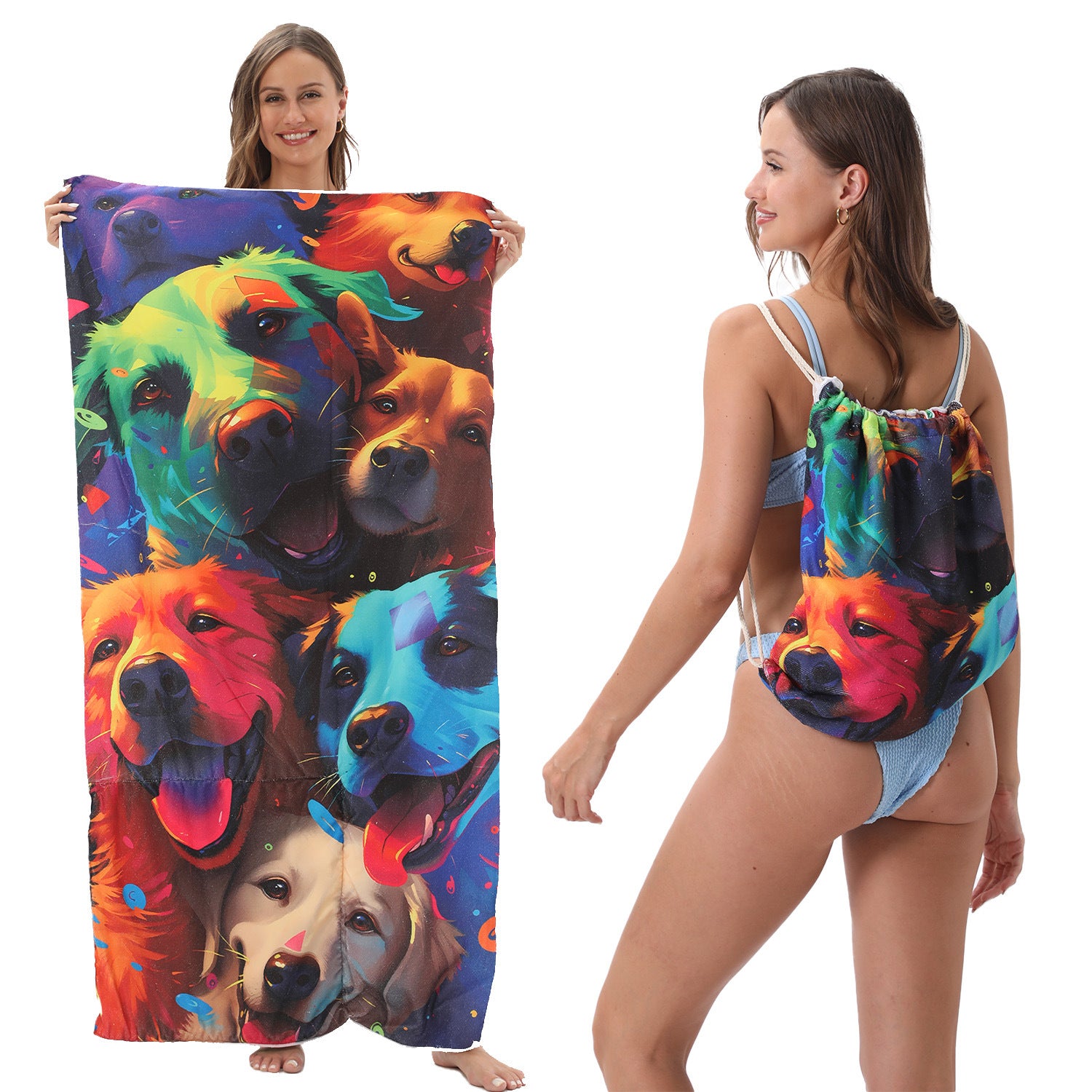 2-in-1 Foldable Printed Beach Towel Built-In Storage Bag