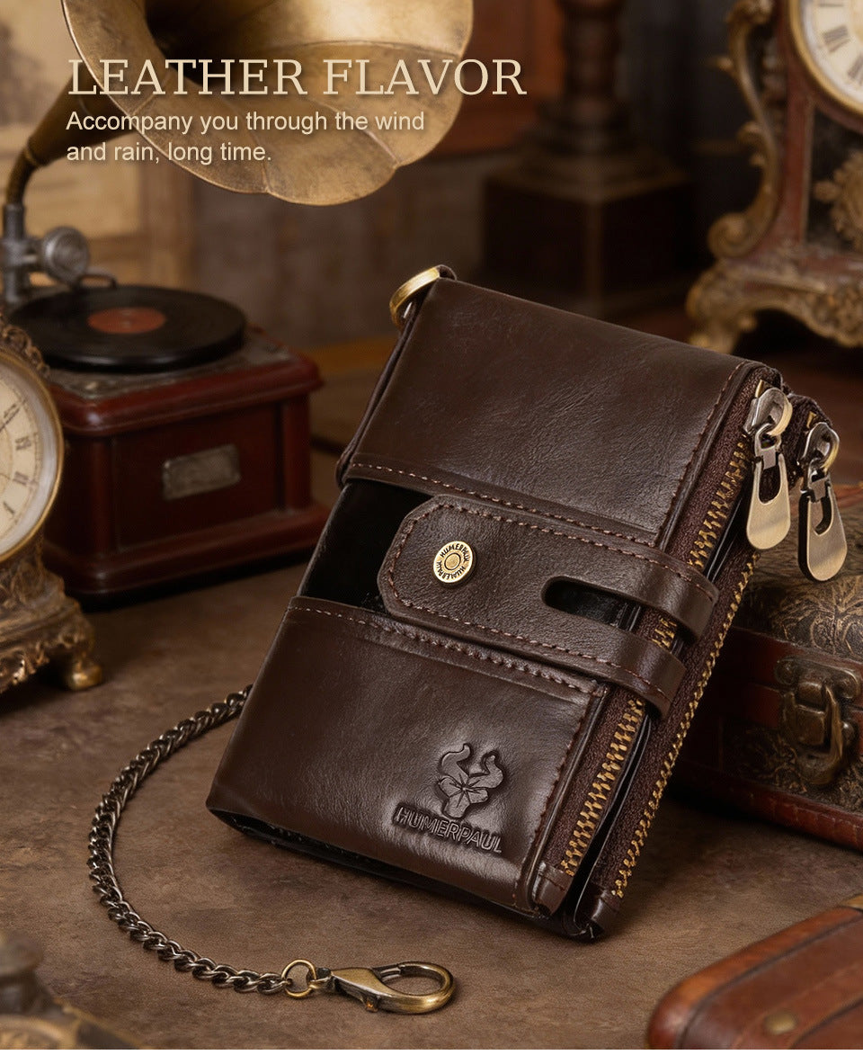 Men's Retro Leather Wallet,Double Zipper