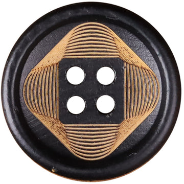 Round decorative 4-hole button with black rim, striped wood face, four dark holes