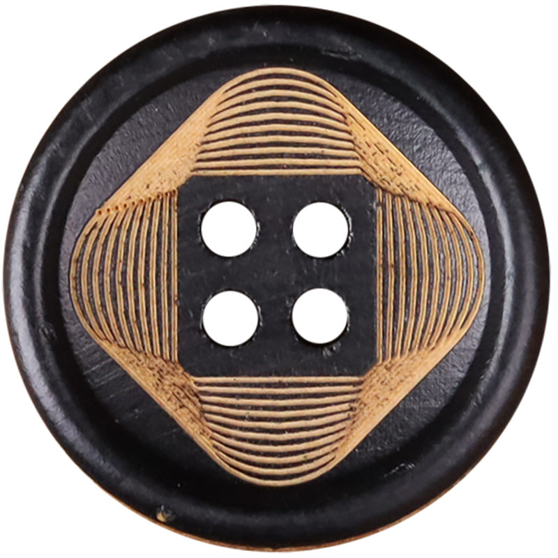 Round decorative 4-hole button with black rim, striped wood face, four dark holes