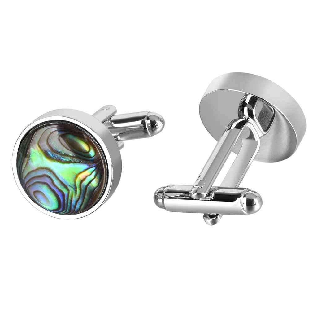 Round seashell cufflinks, front iridescent abalone look with silver hinge and post