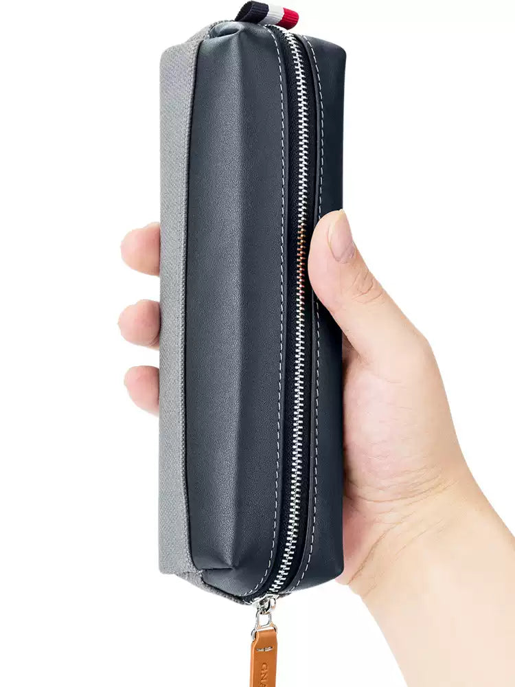 GNASEET Genuine Leather & Canvas Pencil Case – Large Capacity 20-Pen Student Stationery Pouch | 200x48x55mm