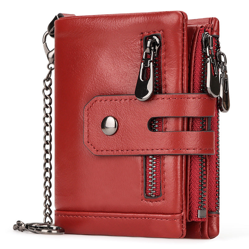 Genuine Leather Short Wallet with RFID Protection Tri-Fold Purse Red