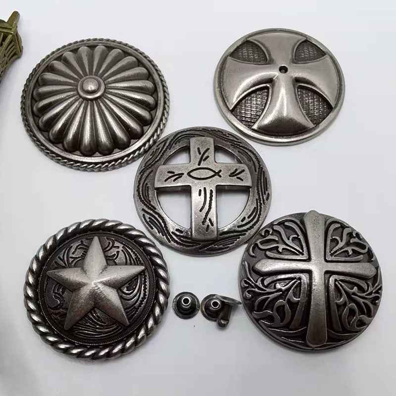 Vintage floral cross rivets, round antique metal studs with etched star and cross fronts