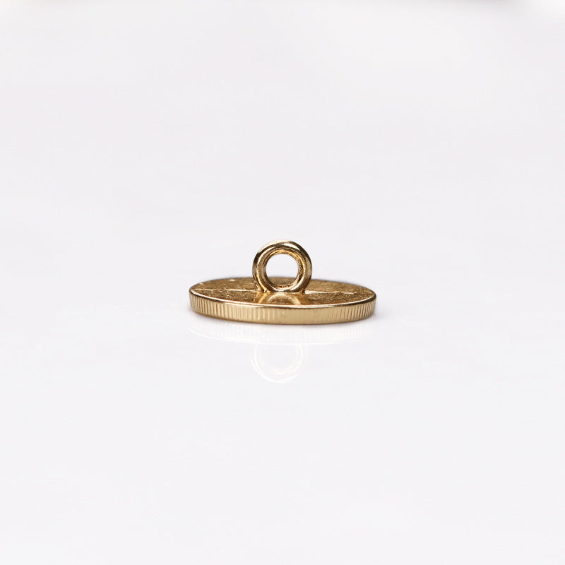 Coin-style metal shank button, gold tone, view of loop and back, 12mm
