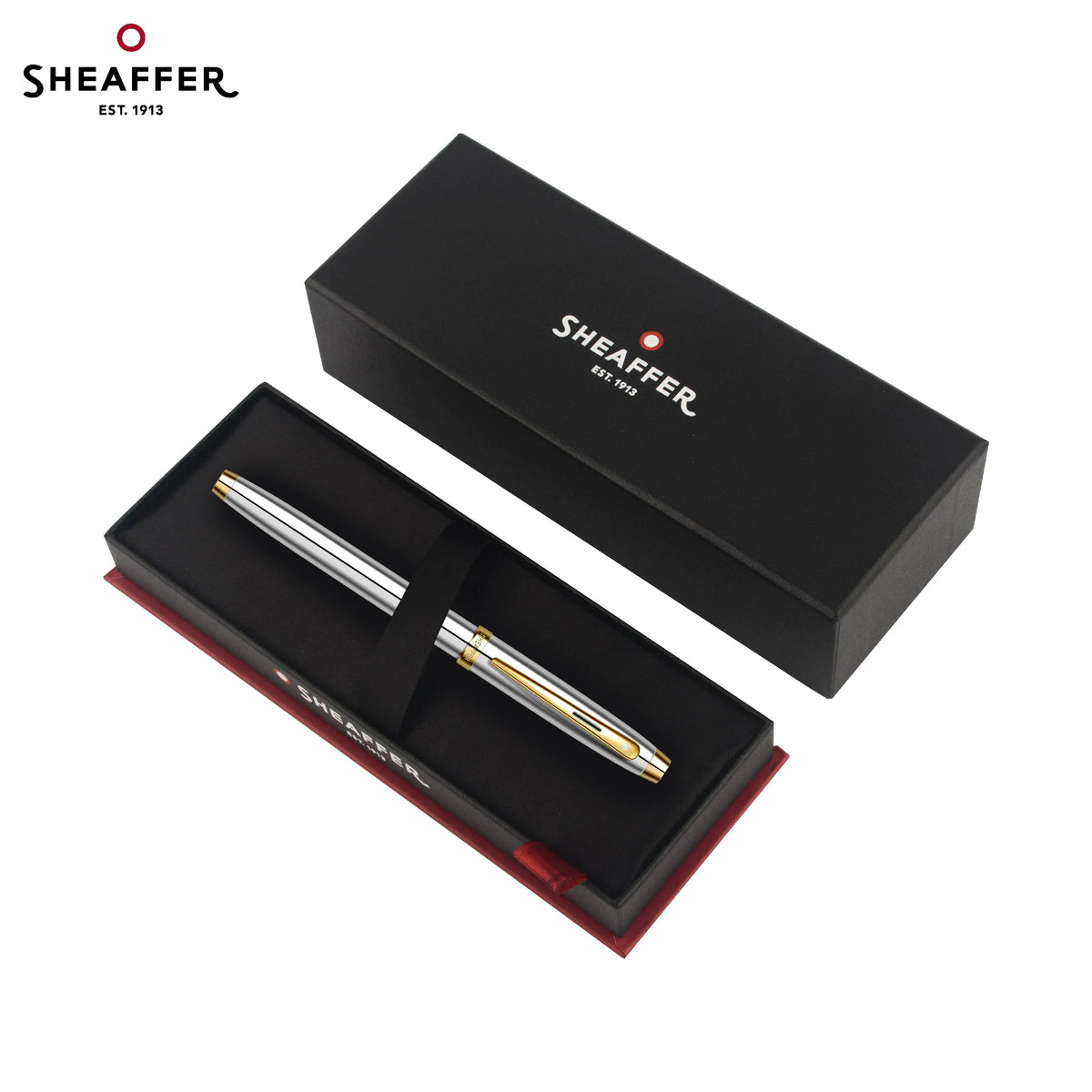 Sheaffer 100 Fountain Pen – Fine Nib (~0.5mm), Gold Clip | Polished Chrome / Black Lacquer / Dark Blue-Grey Polished Chrome