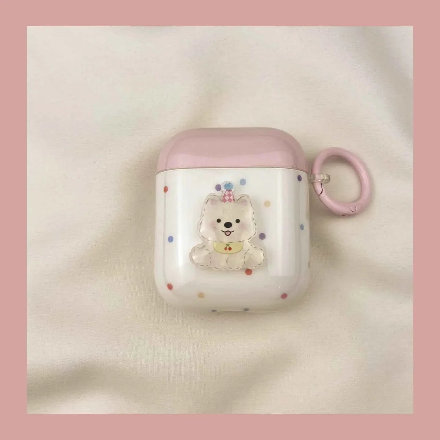 Pink Polka Dot 3D Westie Dog Plastic AirPods Case C