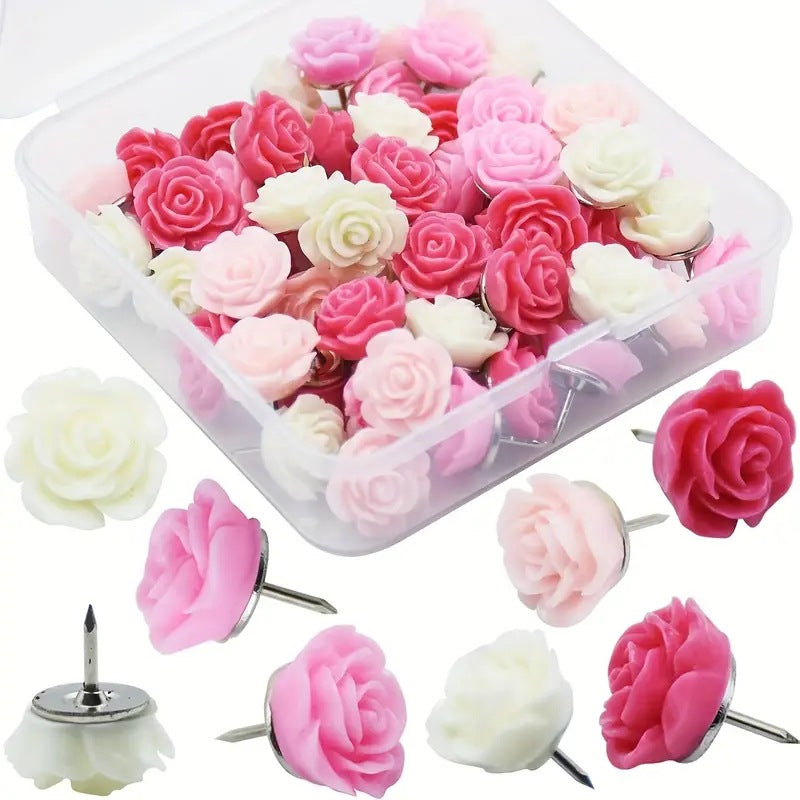 60Pcs White Cream Pink Rose Flower Push Pin for Bulletin Board