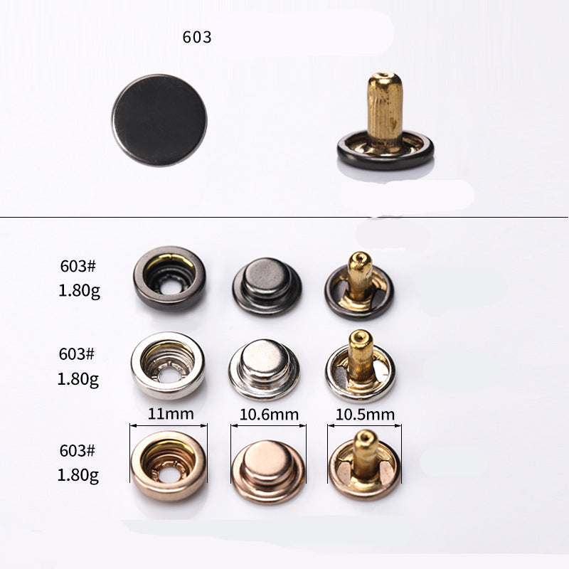 603 metal snap button parts with measurements: 11mm, 10.6mm, 10.5mm