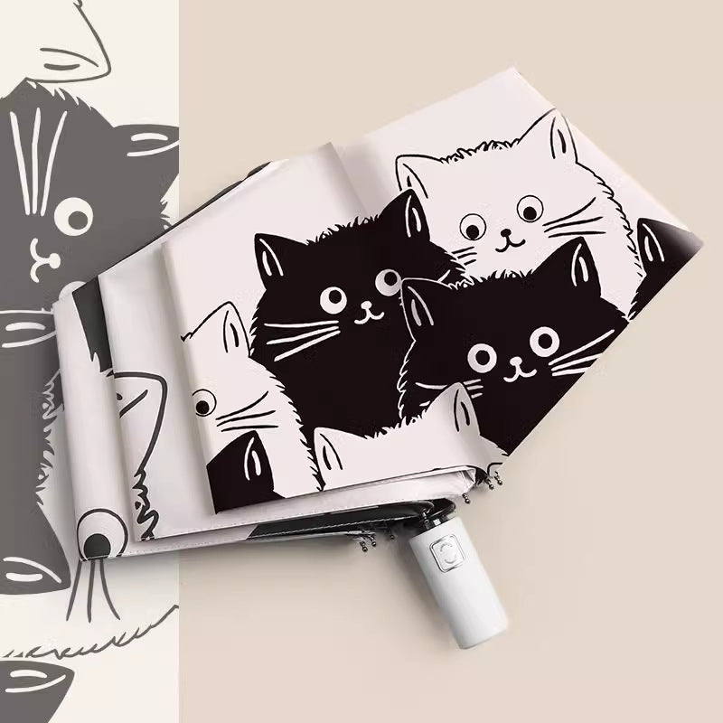 Cartoon Black & White Cat UV Protection Auto-Folding Sun Umbrella