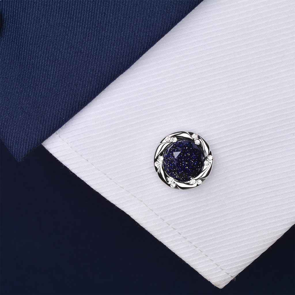 Silver-tone round cufflinks with blue sandstone center and jeweled border