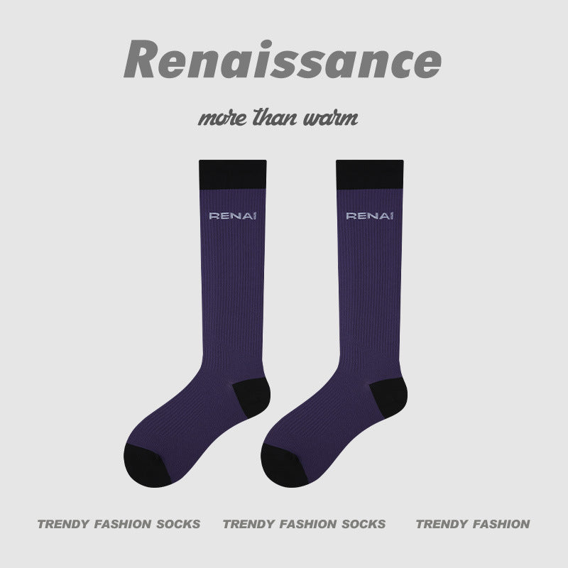 Purple compression crew running socks with black toe and heel, women’s fit, pair