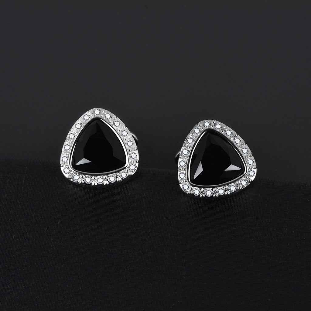 Triangle black onyx cufflinks with crystal border in silver tone, pair