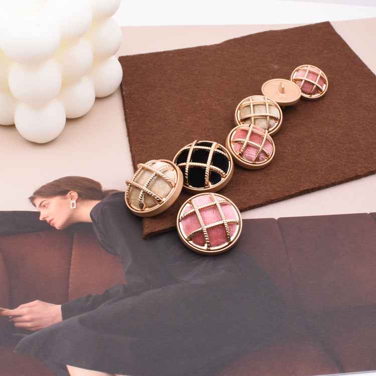 18-pack colorful fabric-covered sewing buttons, round faces with gold grid stitching