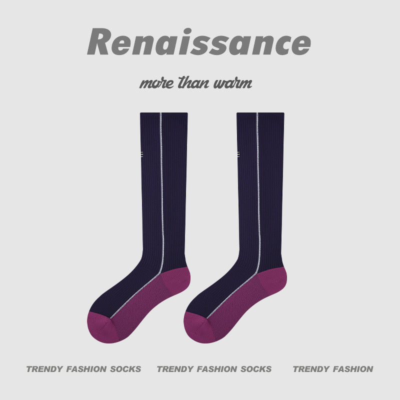 Navy compression crew running socks with magenta heel band, women’s fit, pair