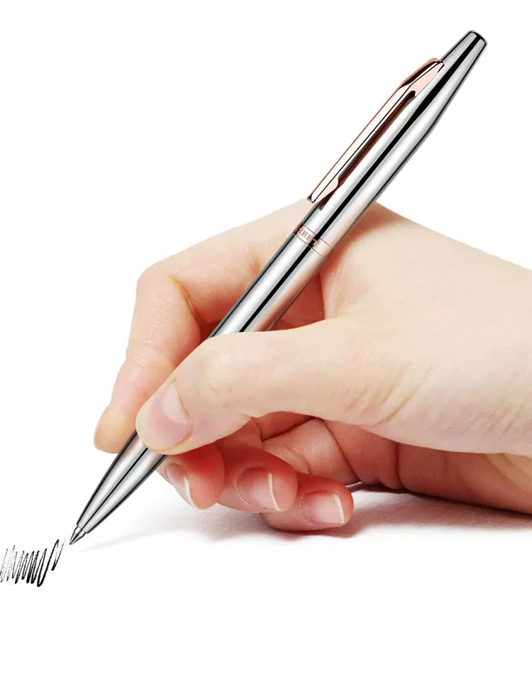GNASEET Silver Chrome Metal Ballpoint Pen – Brass Cartridge, Polished Metal Body | 139x12x10mm