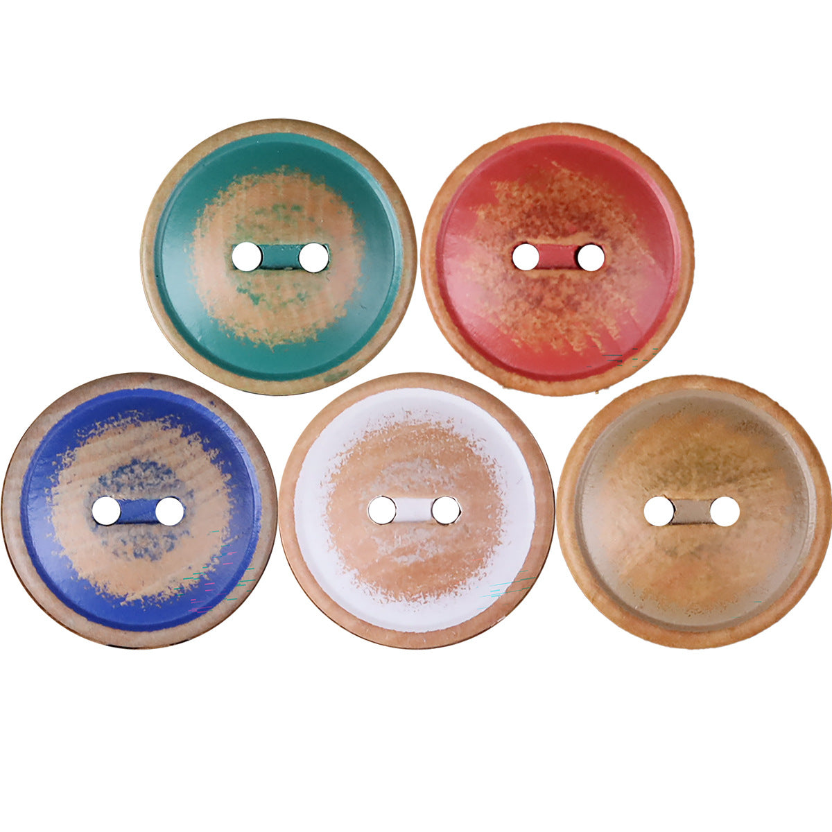 Set of round 2-hole wood buttons with 4 color options, displayed in a group
