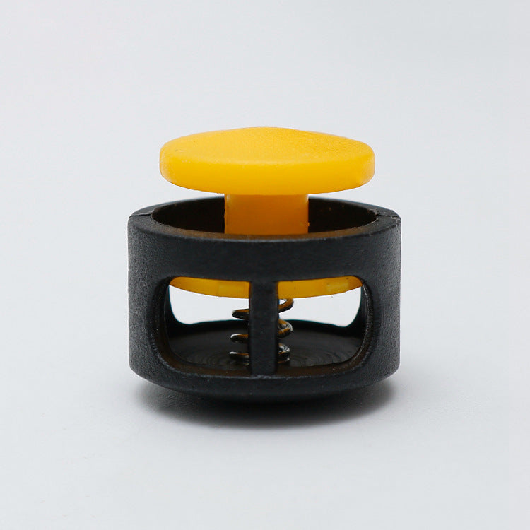 Yellow top 17mm plastic cord lock toggle with spring, black housing