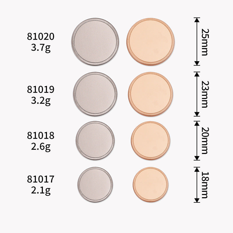 Metal shank buttons size chart: 18–25 mm; weights 1.8–3.7 g (20 pcs)