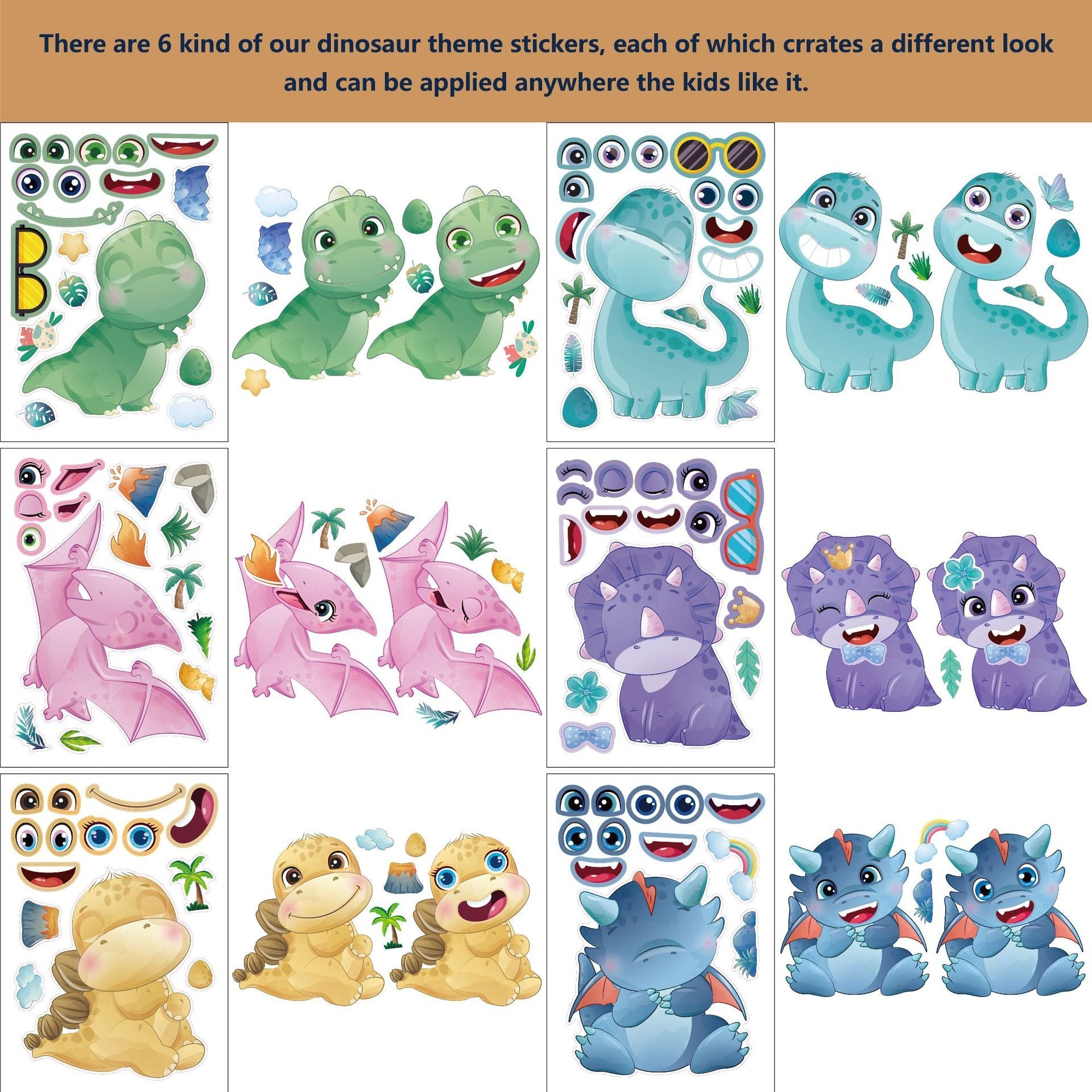 24 Sheets Make a Face Dinosaur Stickers