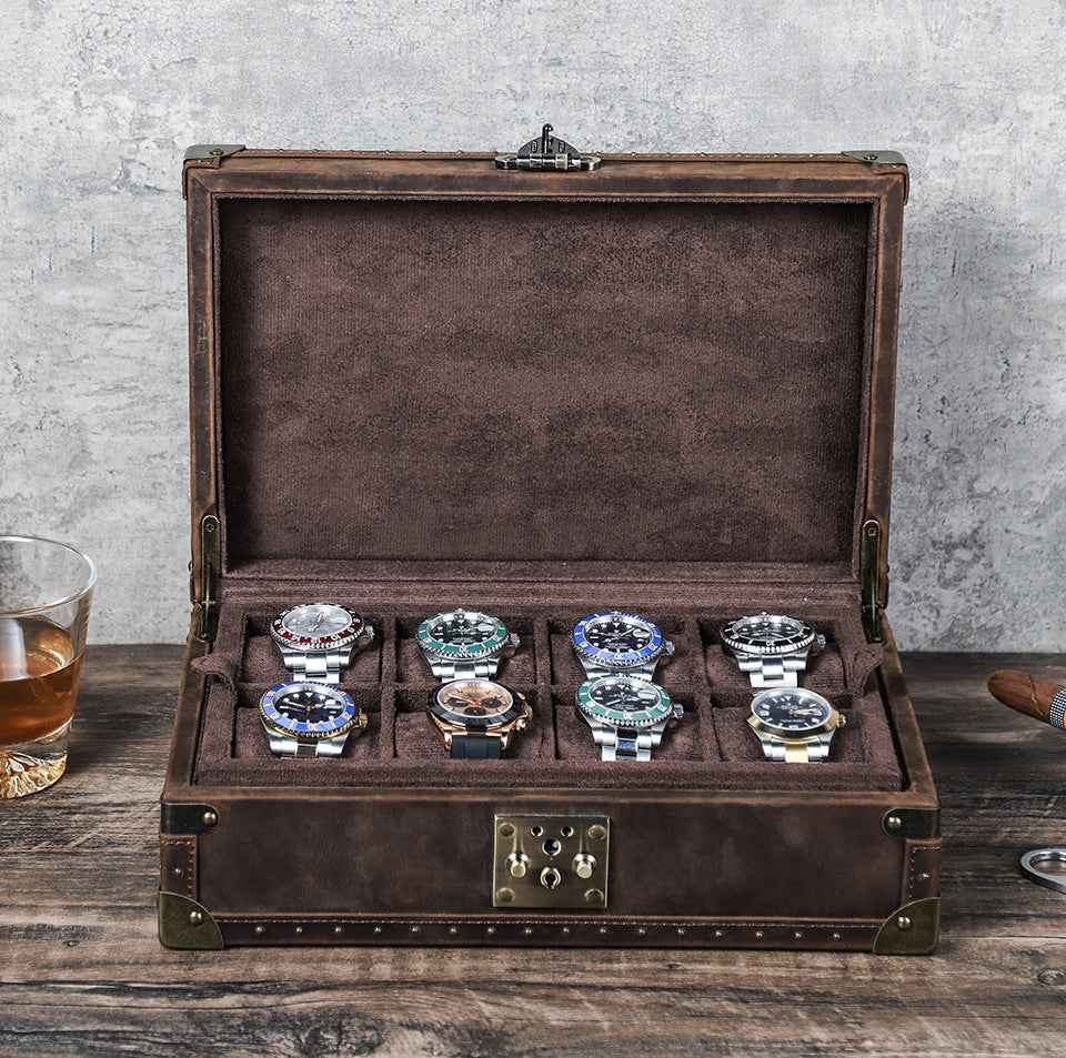 Luxury Handcrafted Genuine Leather Wooden 8-Piece Watch Box