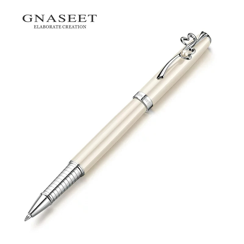 GNASEET Metal Rollerball Pen Gift Set for Women – Gold & White Barrel | Heart / Clover / Butterfly / Rose Clip White Heart