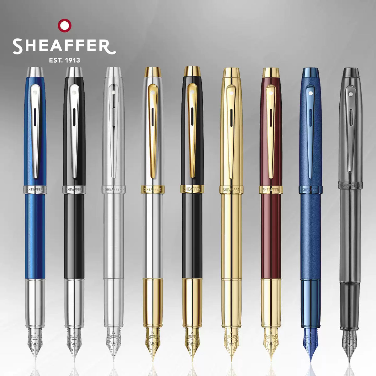 Sheaffer 100 Fountain Pen Gift Set – Fine Nib (~0.5mm), Gold Clip, Converter & Ink | Polished Chrome / Black Lacquer / Dark Blue-Grey