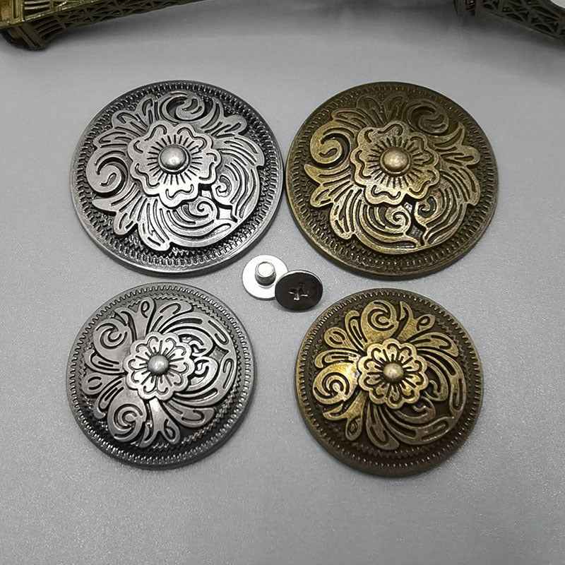 Antique silver round stud buttons with ornate arabesque screw-back design